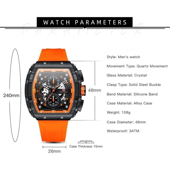 AIMES Orange Men Fashion Wristwatch Large Dial Luminous Waterproof Silicon Strap - Picture 6 of 7